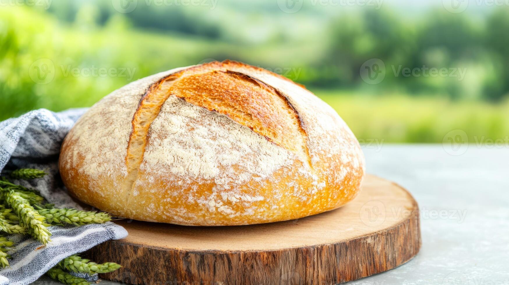 Bread on a wooden board with a green field in the background photo
