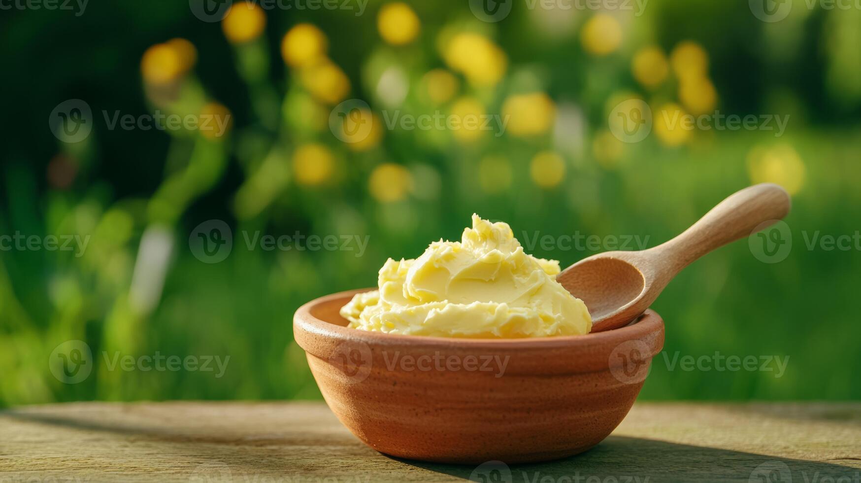Butter in a bowl with a wooden spoon on a wooden table in the garden photo