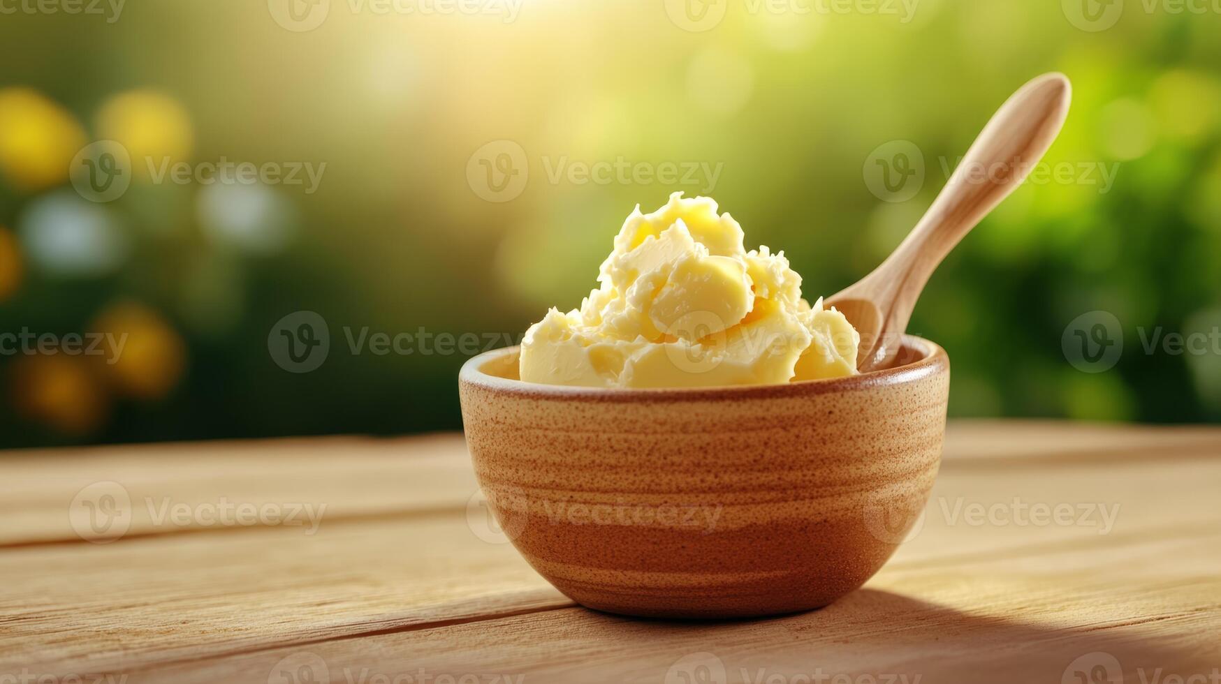 Butter in a bowl with a wooden spoon on a table photo