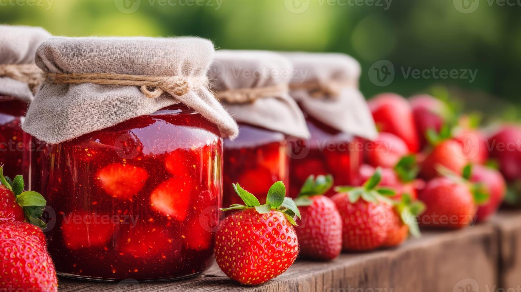 Strawberry jam in jars on a wooden table photo