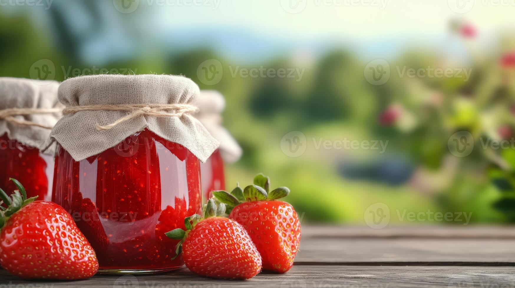Strawberry jam in jars on wooden table with blurred background photo