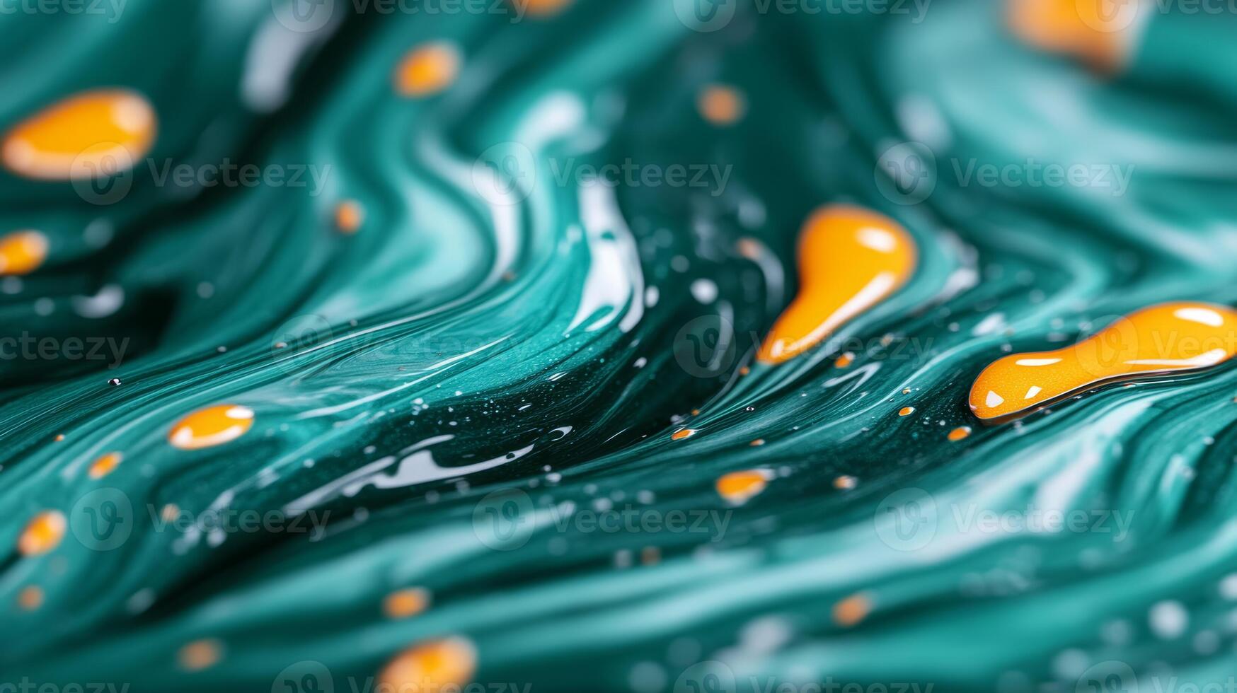 Macro image of liquid paint waves mixing turquoise and orange with marbled patterns photo