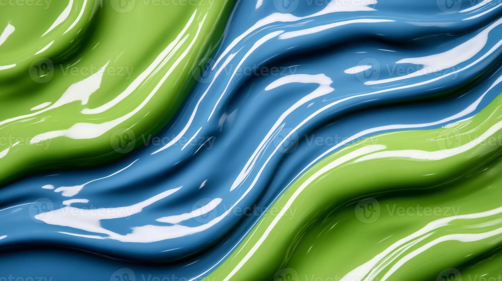 Macro shot of liquid waves in contrasting electric blue and neon green swirling together photo