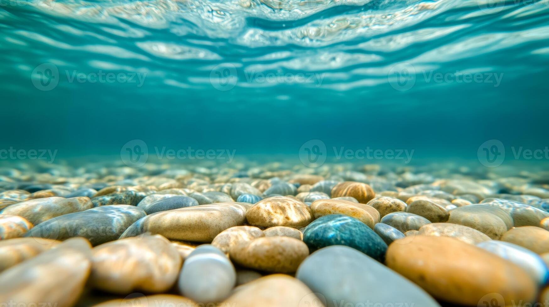Macro shot of submerged pebbles seen through clear rippling water in a shallow stream photo