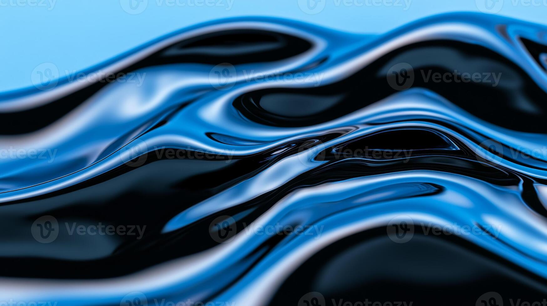 Magnified view of swirling liquid waves in black ink with streaks of iridescent blue photo