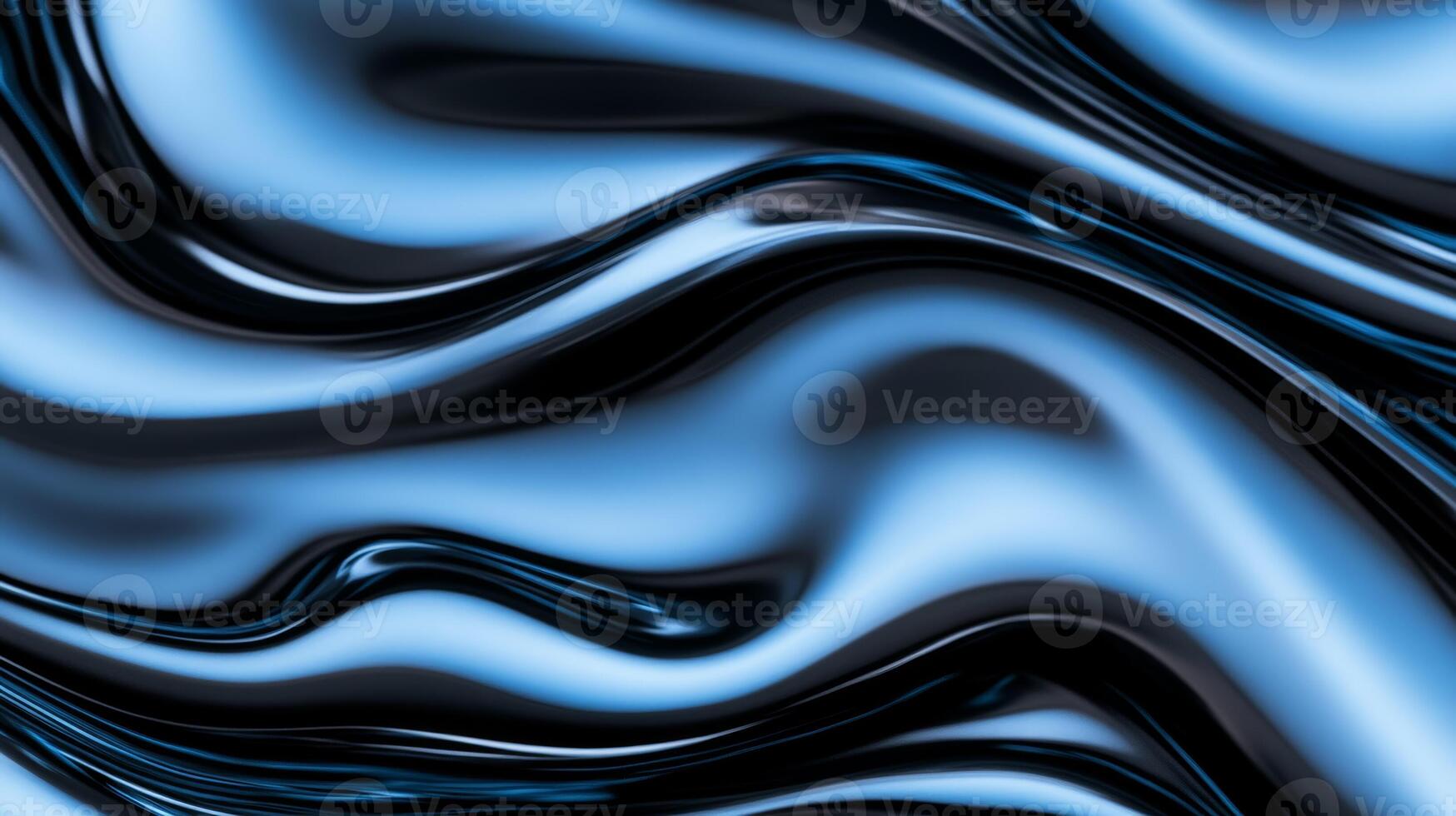 Magnified view of swirling liquid waves in black ink with streaks of iridescent blue photo