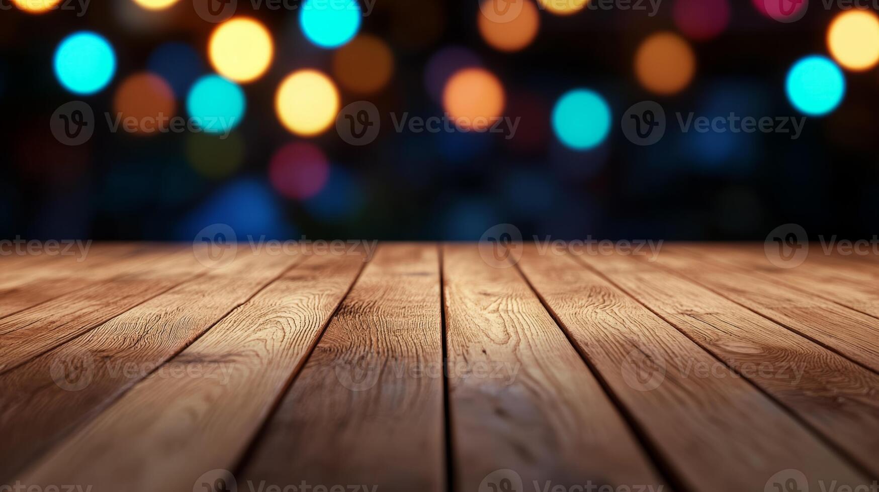 Smooth wooden table surface with a gently glowing blurred bokeh background in vibrant colors photo