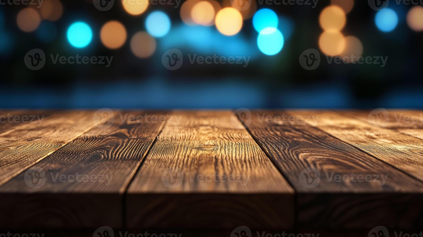 Smooth wooden table surface with a gently glowing blurred bokeh background in vibrant colors photo