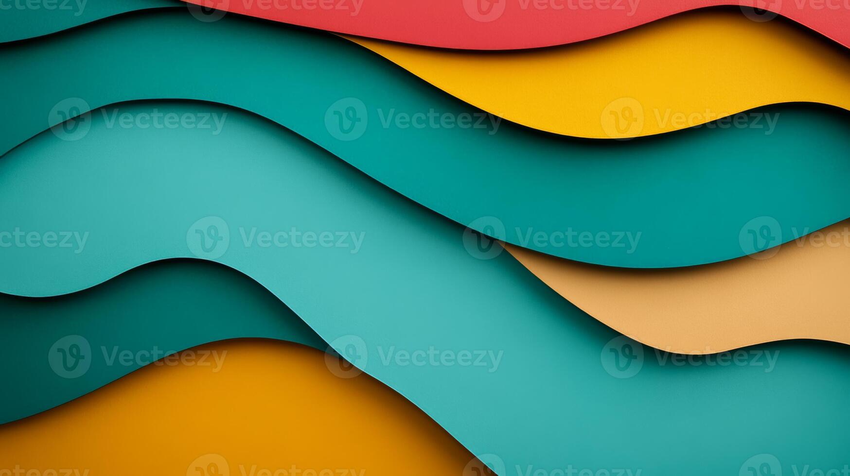 Abstract background with layered colored paper textures in shades of teal coral and mustard featuring minimal geometric shapes and lines photo