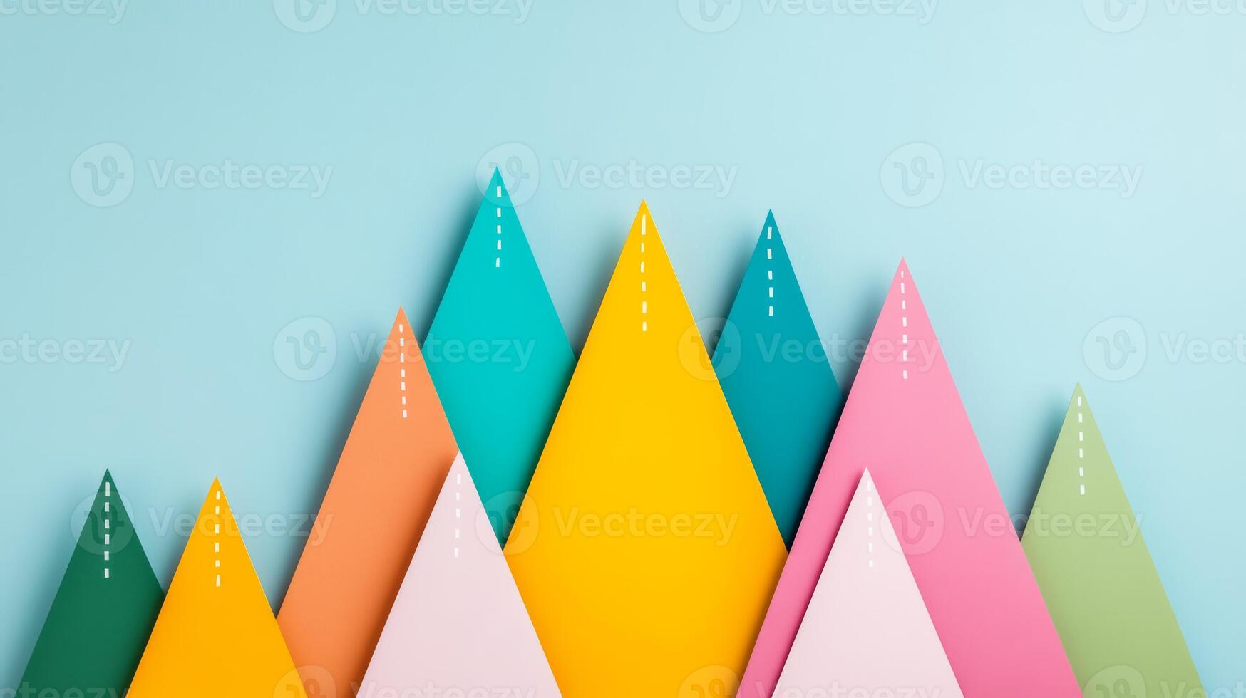 Minimalist composition with triangular paper shapes in vibrant colors and thin white lines photo