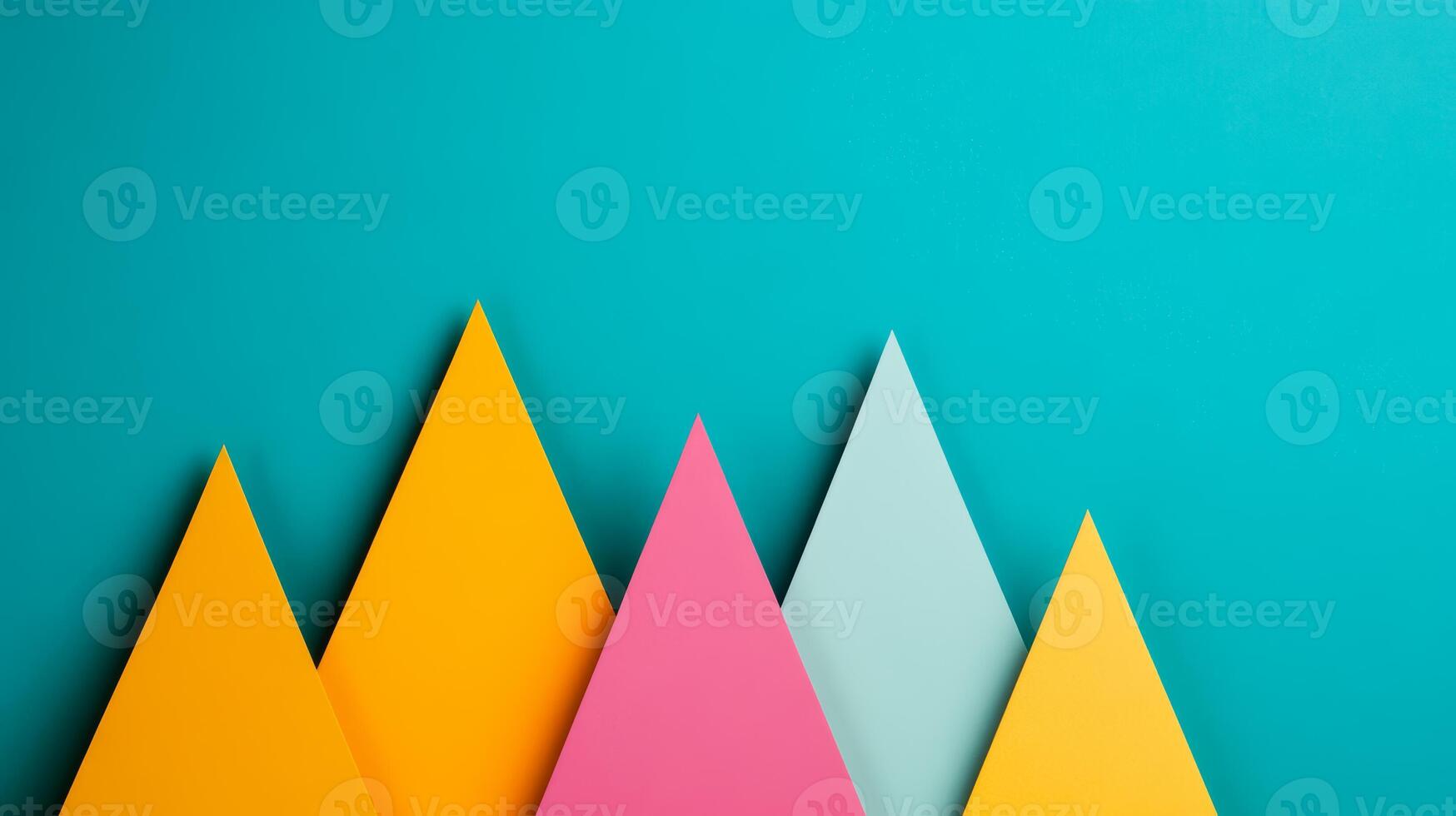 Minimalist composition with triangular paper shapes in vibrant colors and thin white lines photo