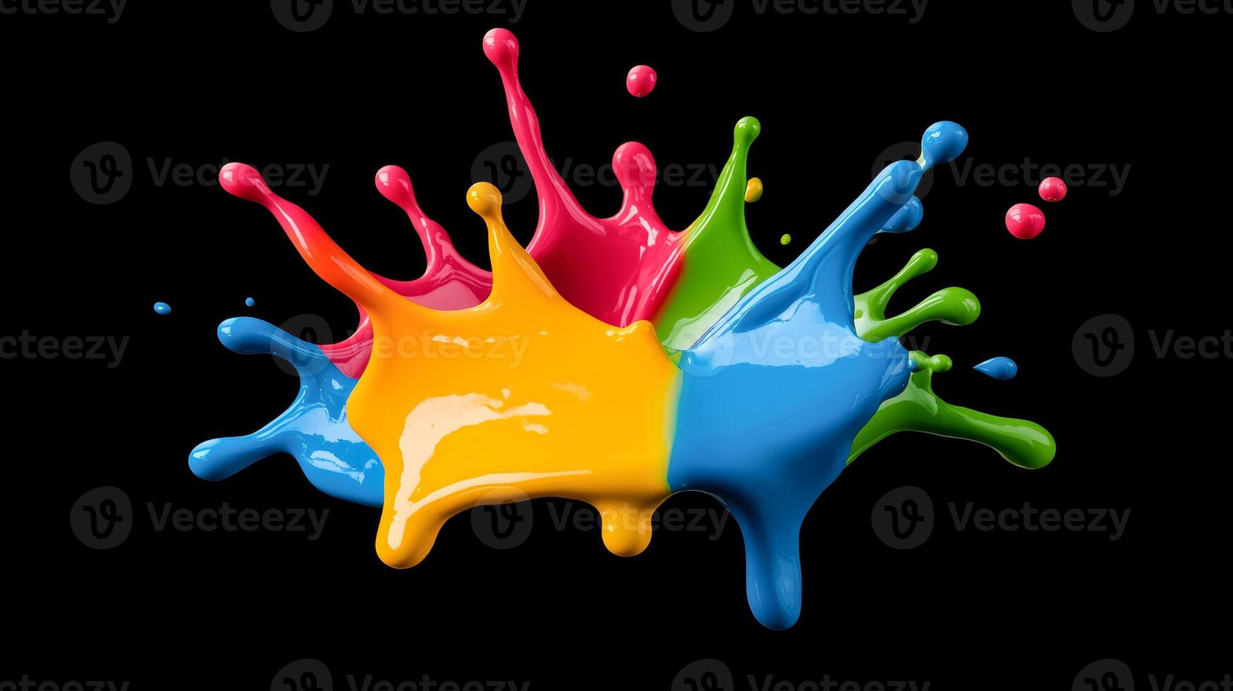 Multicolored paint bubbles with splashes and streaks isolated on a black background photo