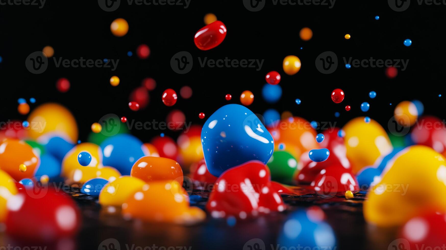 Multicolored paint bubbles with splashes and streaks isolated on a black background photo