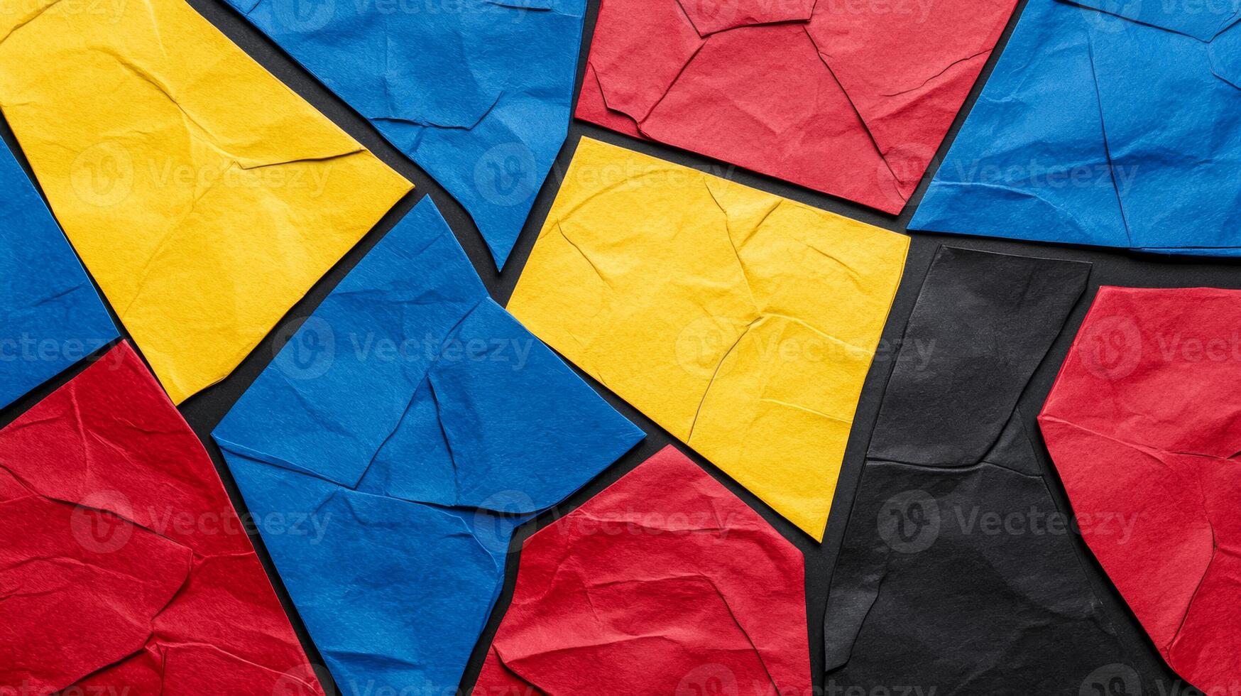 Textured paper shapes in bold red yellow and blue with intersecting thin black lines photo