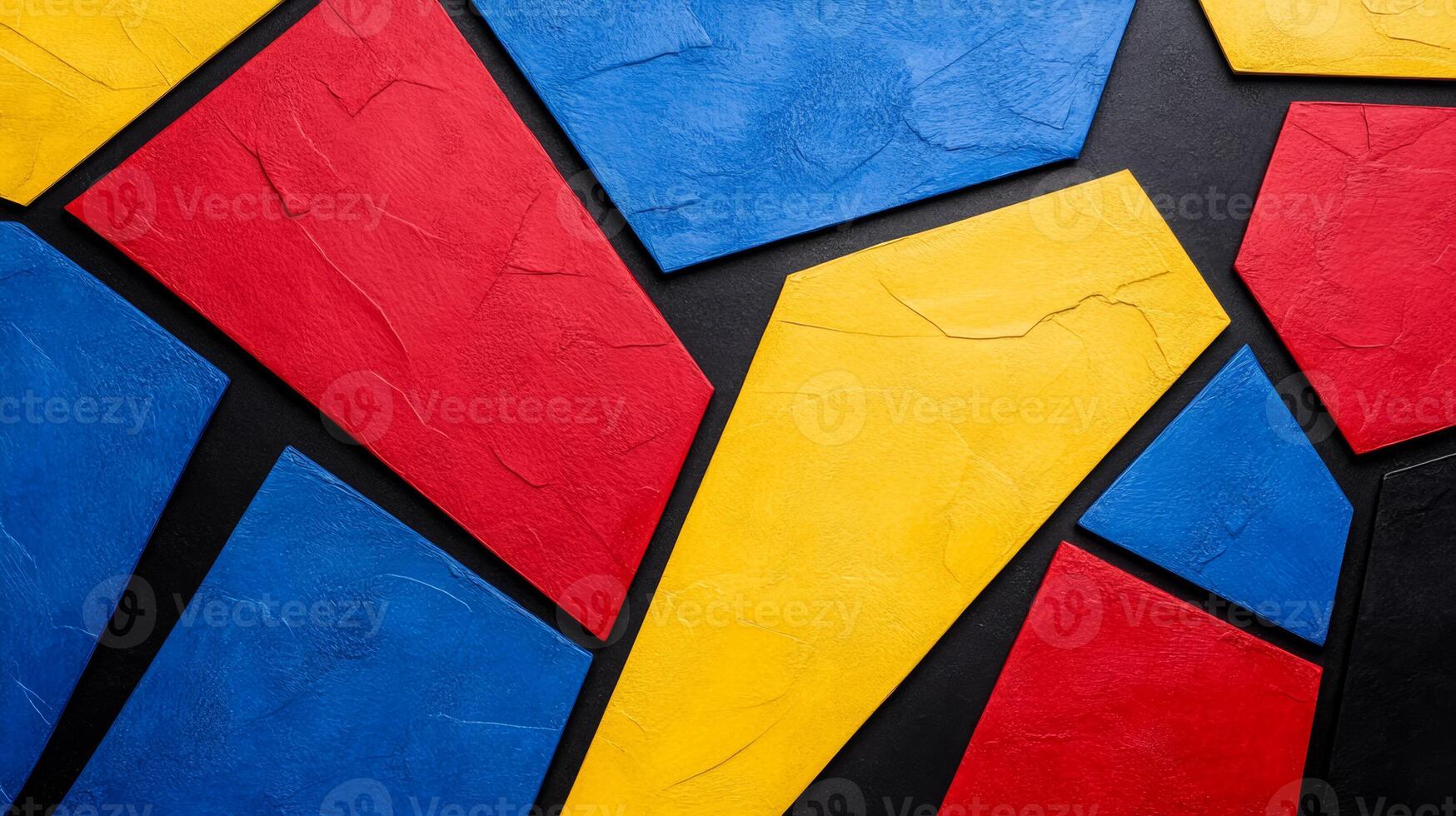 Textured paper shapes in bold red yellow and blue with intersecting thin black lines photo