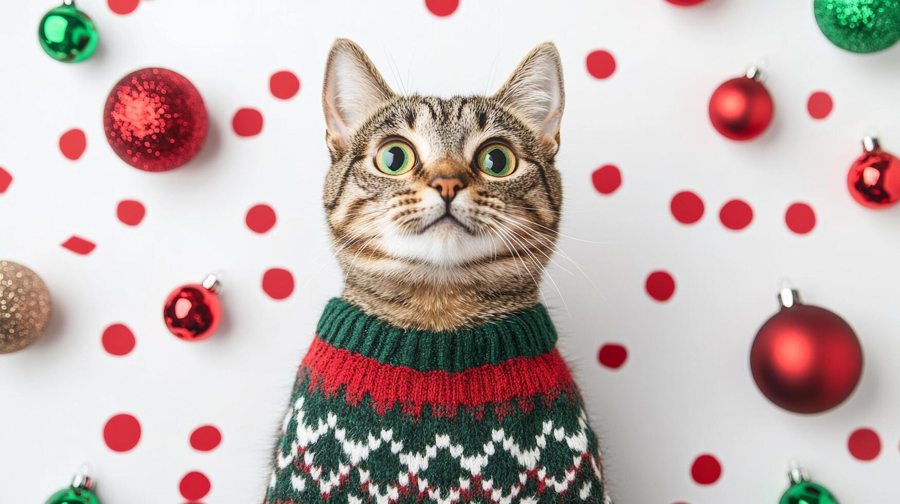 A cat wearing a sweater with christmas decorations around it photo