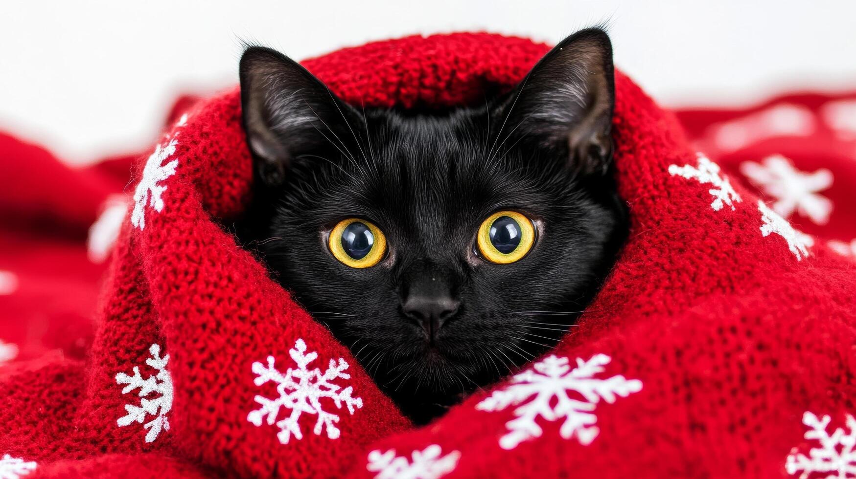 Black cat hiding under red blanket photo