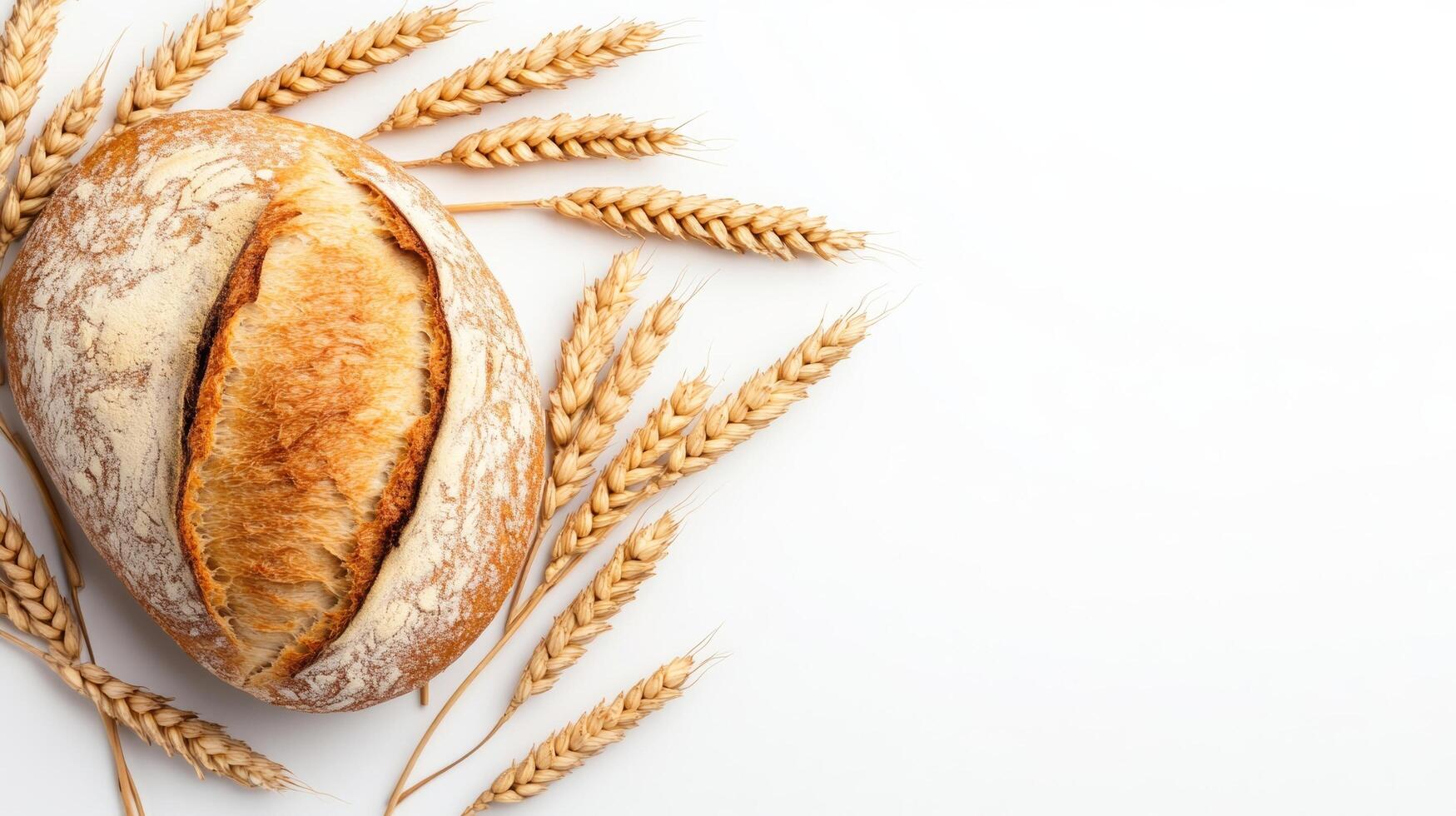 Bread and wheat on white background top view photo