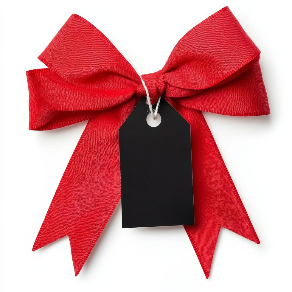 A red bow with a black tag on it photo