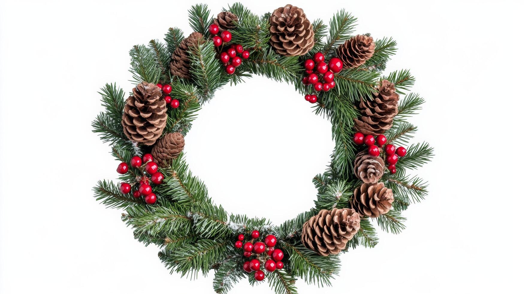 A wreath of evergreen branches and berries on a white background photo