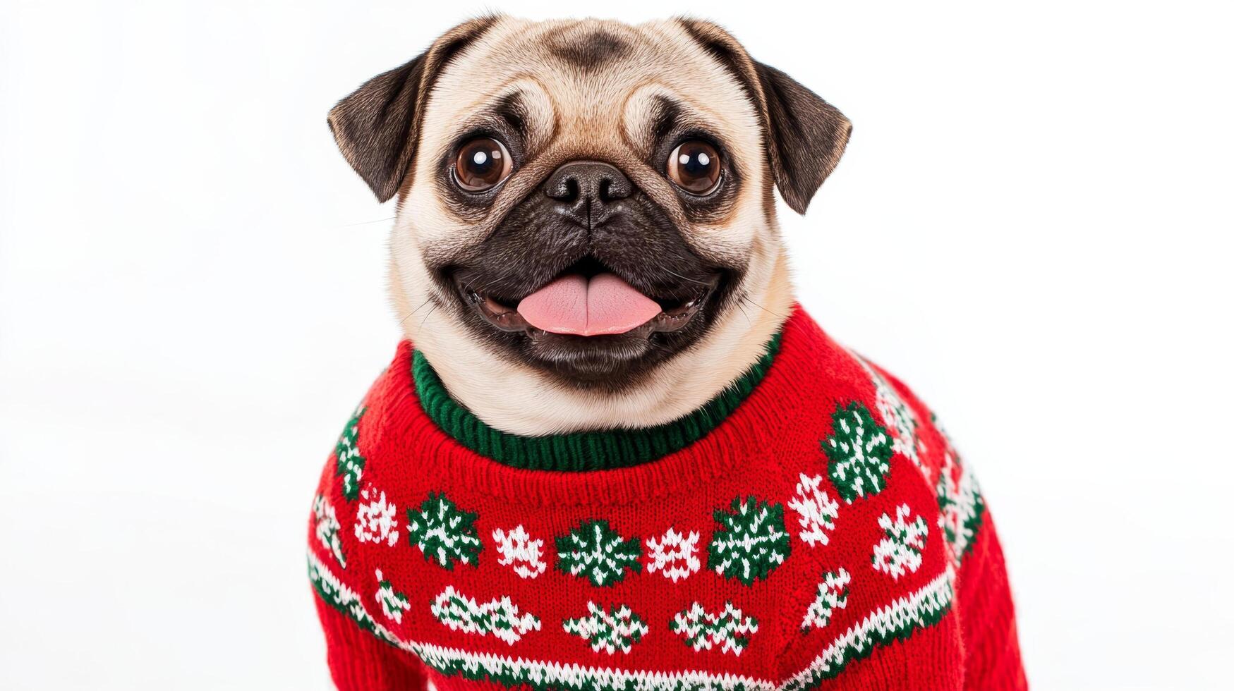 A pug dog wearing a red and green sweater photo