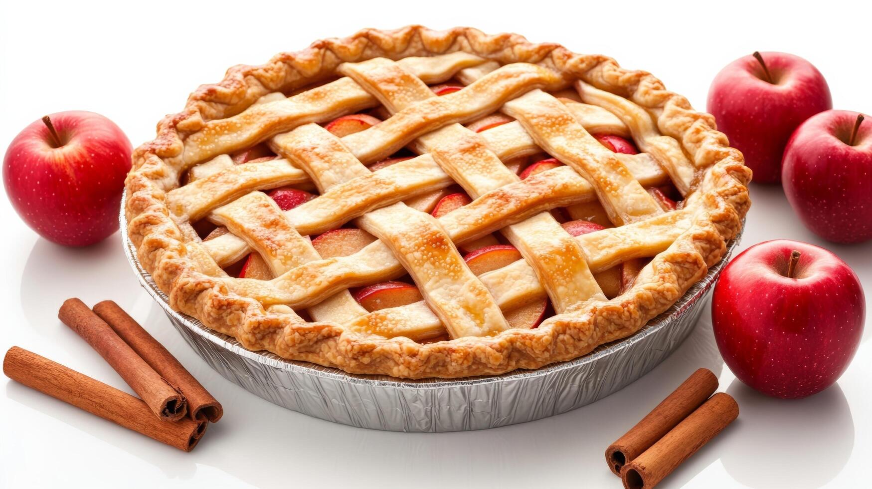 Apple pie with lattice and cinnamon sticks photo
