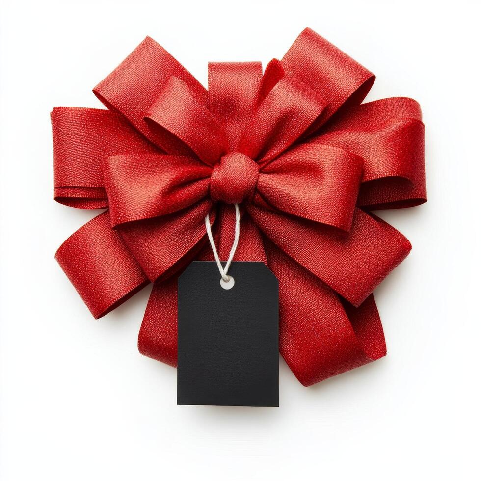 A red bow with a black tag on it photo