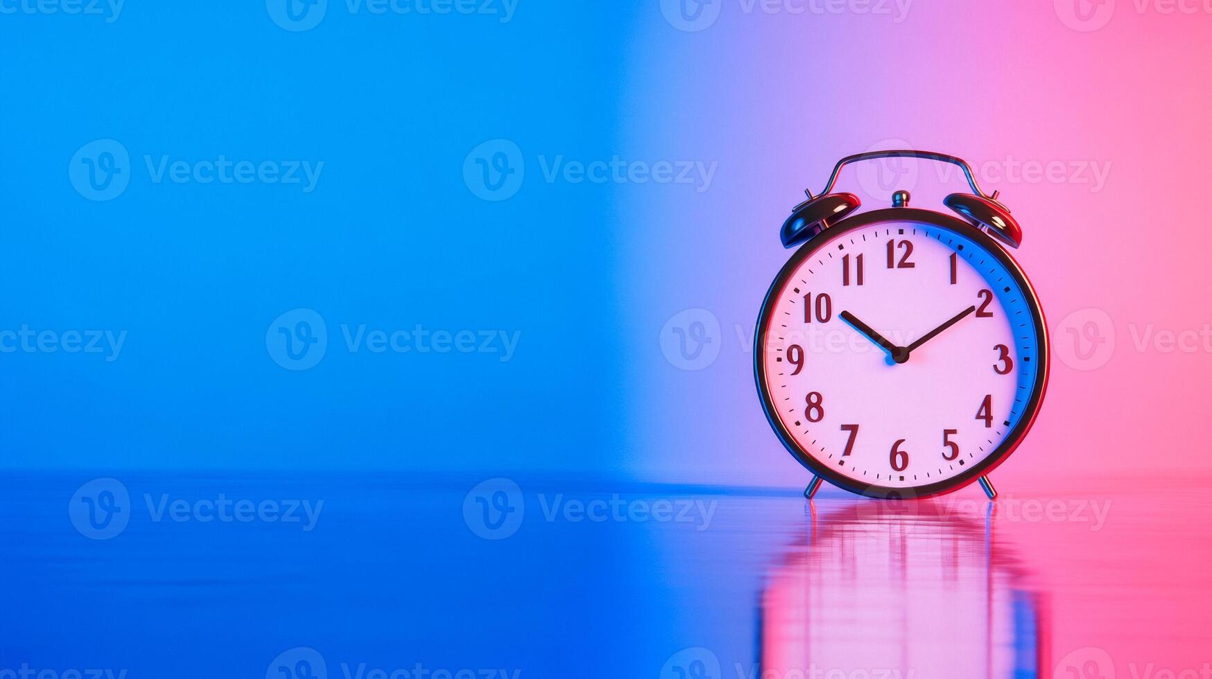 Abstract clock with melting numbers on a vibrant gradient background of midnight blue to neon pink photo