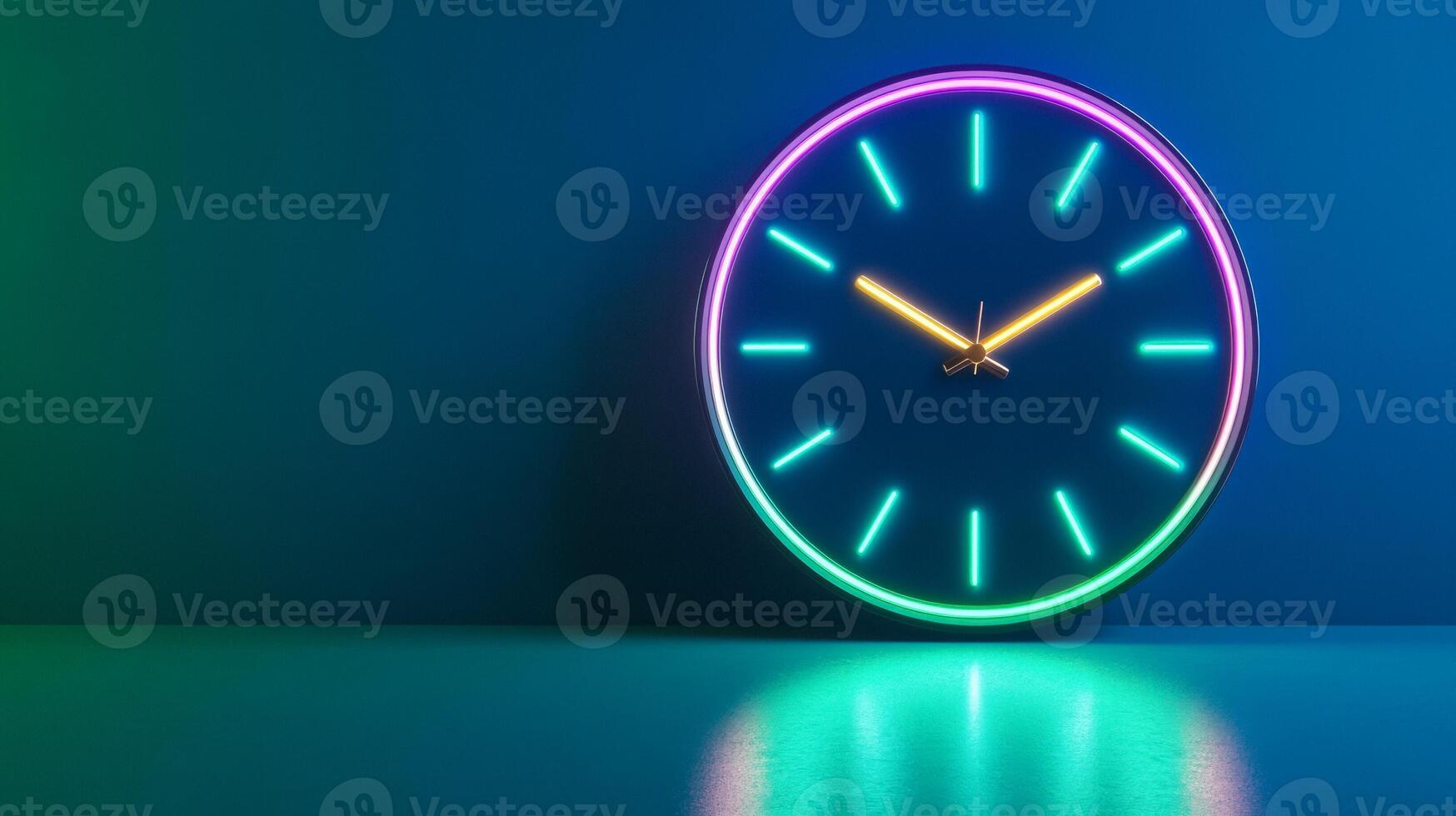 Abstract digital countdown clock with neon glitch effects on a gradient from dark blue to lime green photo