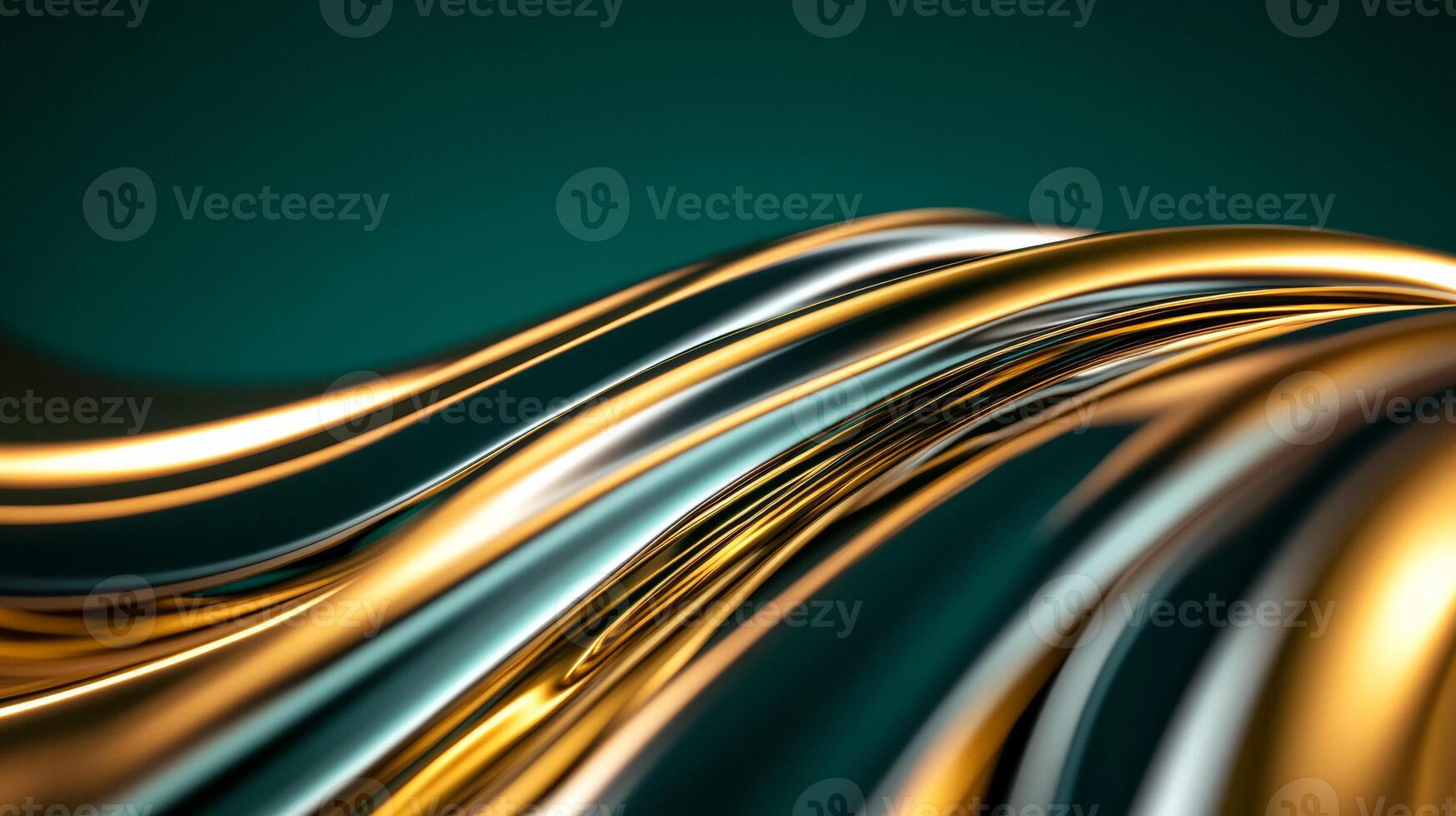 Abstract swirling ribbons of gold and silver on a deep navy to emerald green gradient photo
