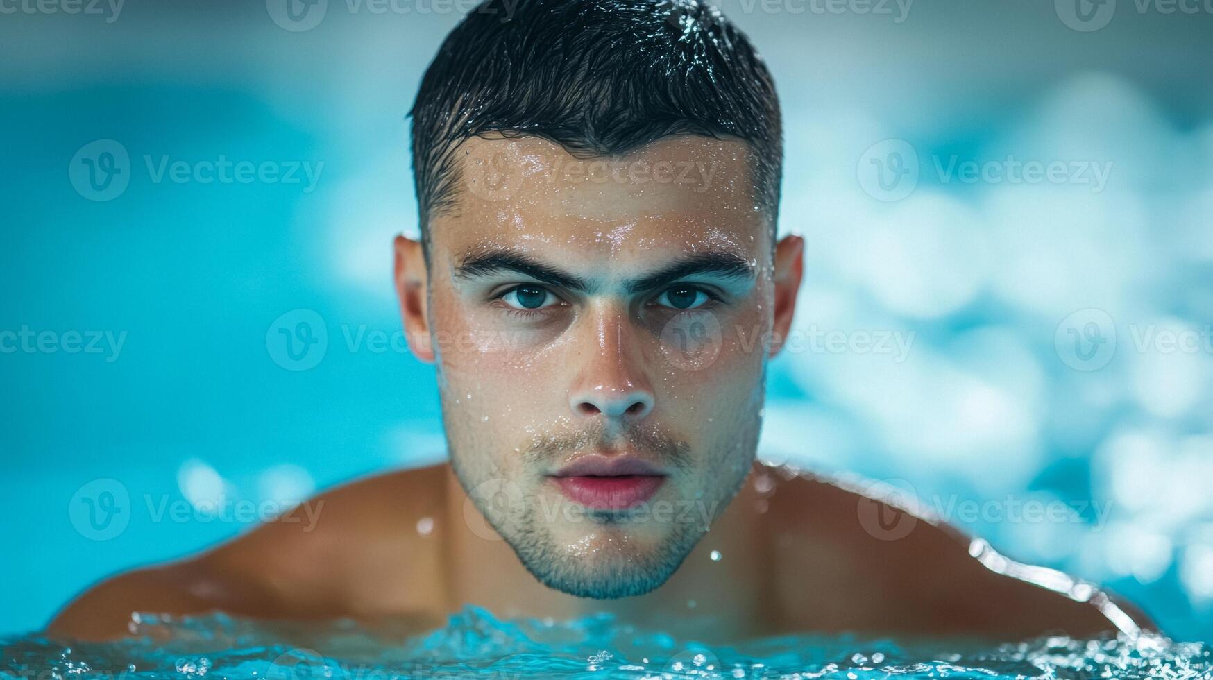 Athletic man swimming laps in an indoor pool water splashing around focused and intense expression photo