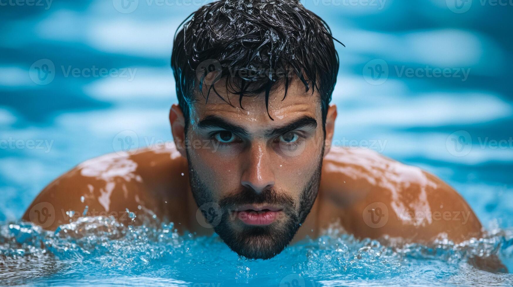 Athletic man swimming laps in an indoor pool water splashing around focused and intense expression photo
