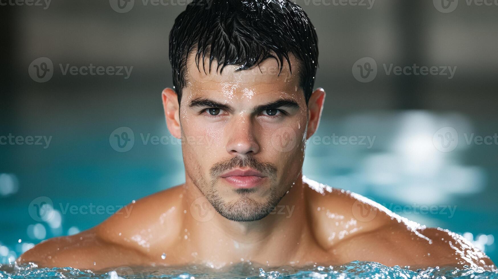 Athletic man swimming laps in an indoor pool water splashing around focused and intense expression photo