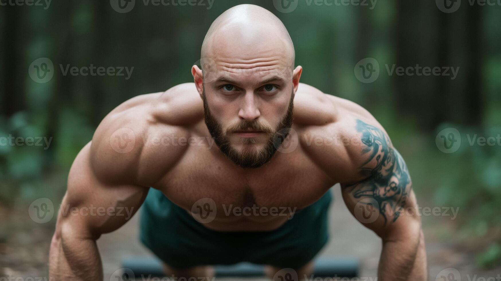 Bald man with a tattooed arm doing push ups on a rugged outdoor trail strength and resilience theme photo