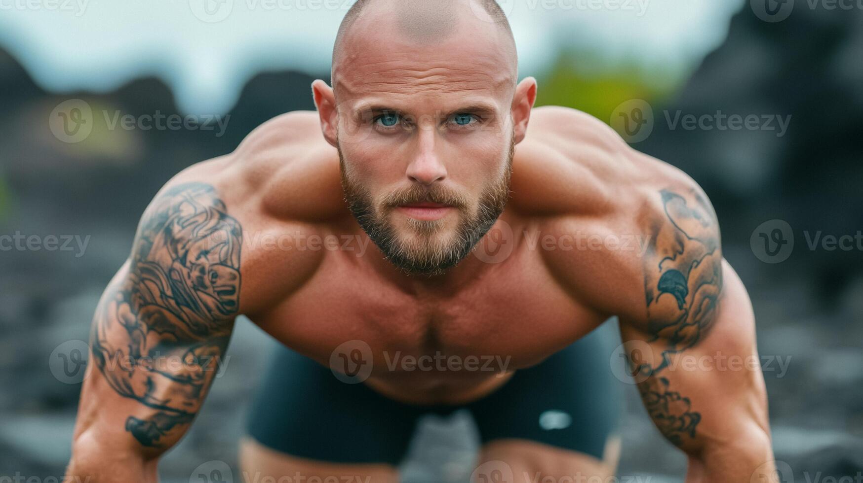 Bald man with a tattooed arm doing push ups on a rugged outdoor trail strength and resilience theme photo