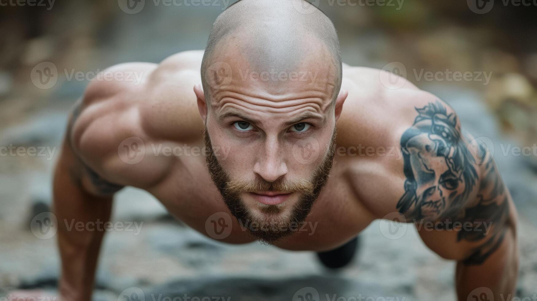 Bald man with a tattooed arm doing push ups on a rugged outdoor trail strength and resilience theme photo