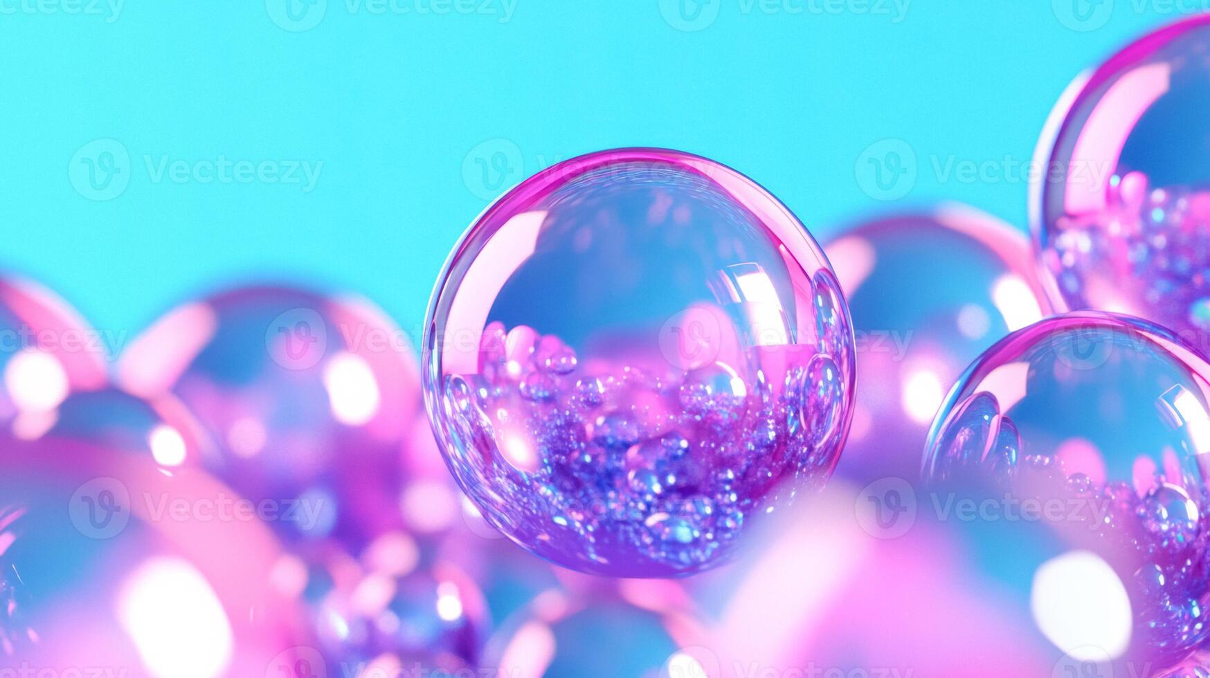 Bubbles rising with holographic reflections on a gradient from indigo to lavender photo