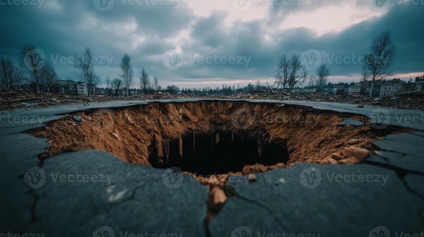 Catastrophic sinkhole forming in a residential area collapsing ground swallowing trees and houses under a cloudy sky photo