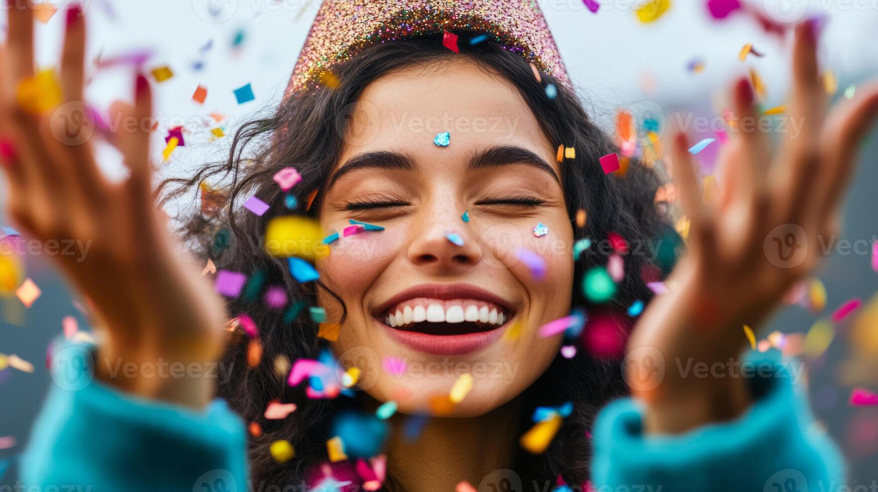 Cheerful person wearing a glittery party hat blowing colorful confetti into the air at a New Years party photo