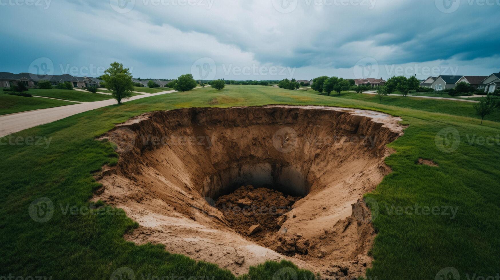 Catastrophic sinkhole forming in a residential area collapsing ground swallowing trees and houses under a cloudy sky photo