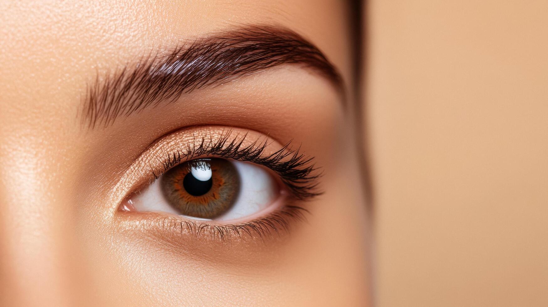 Closeup of golden brown eyebrow gel with tiny microfibers creating a textured pattern against a light tan background photo
