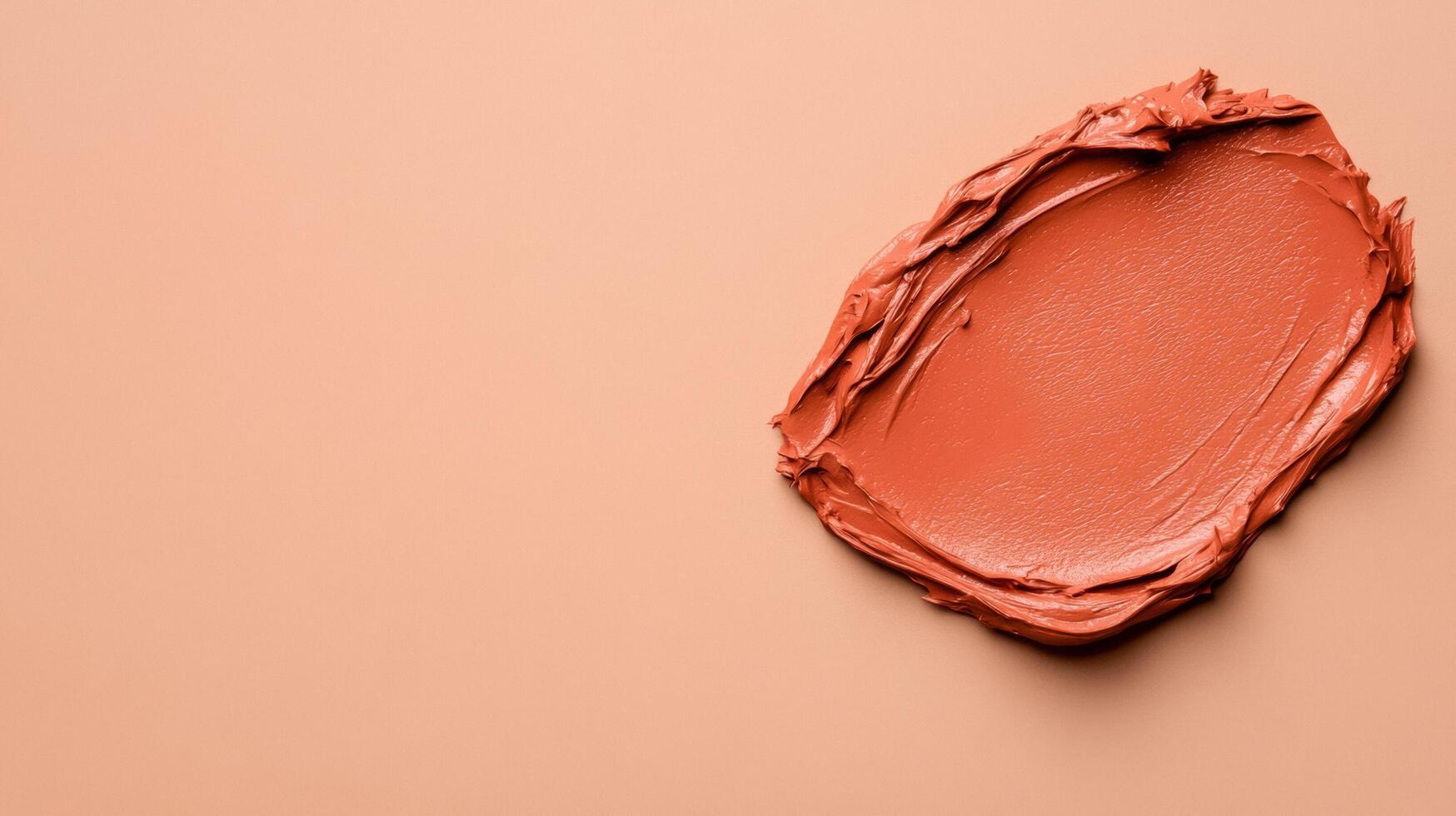 Closeup of terracotta clay mask smeared in rough organic lines on a smooth beige background photo