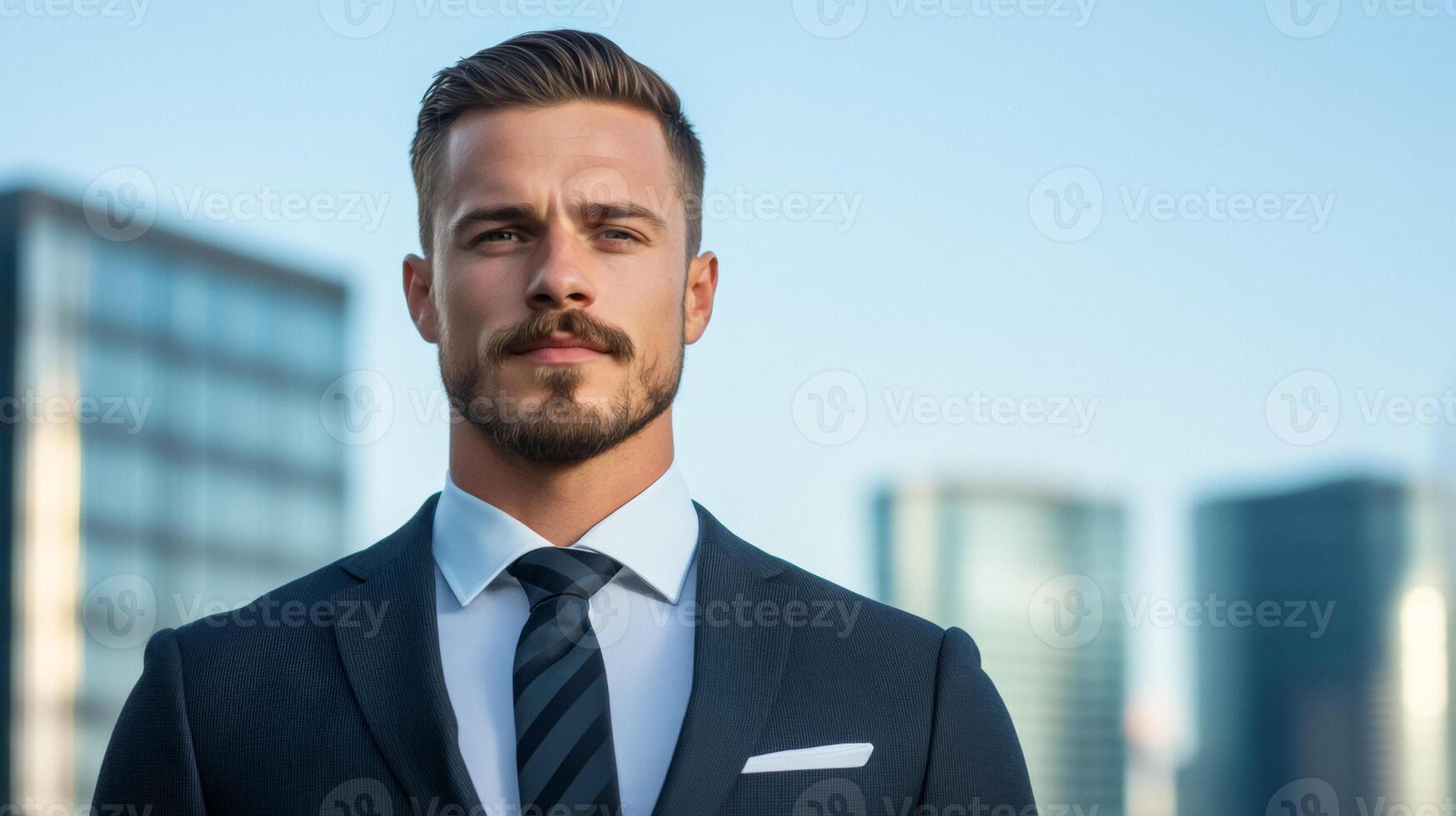 Confident man with a perfectly groomed chevron mustache wearing a tailored suit standing against a modern city skyline photo