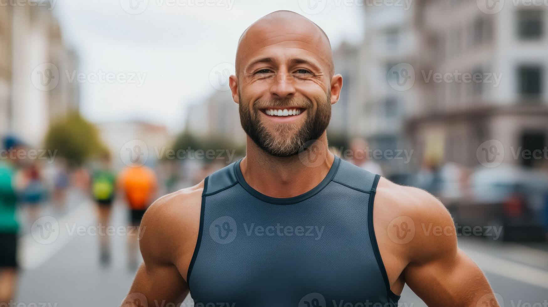 Confident man with a shaved head smiling while crossing the finish line of a charity run joyful atmosphere photo
