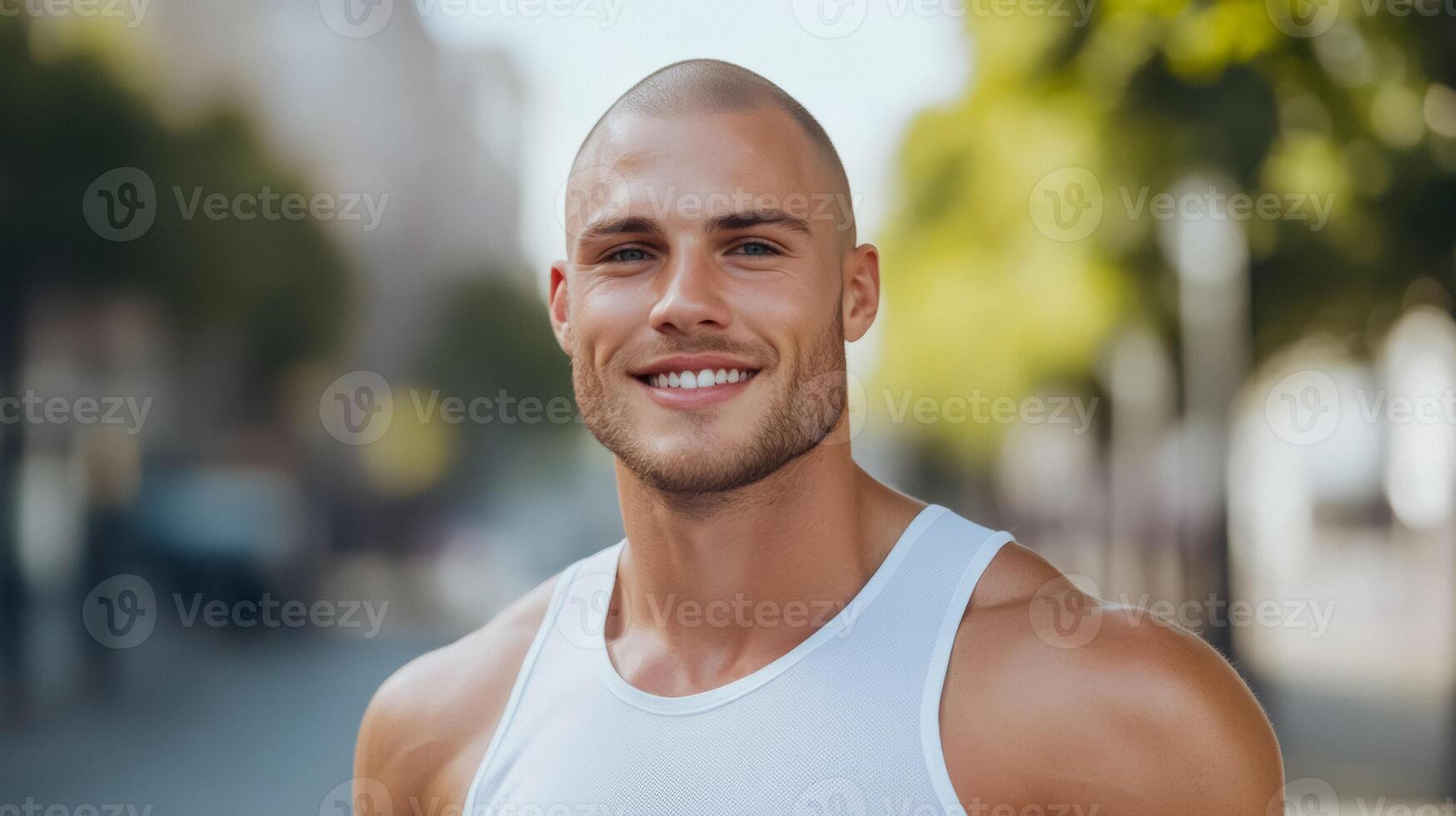 Confident man with a shaved head smiling while crossing the finish line of a charity run joyful atmosphere photo
