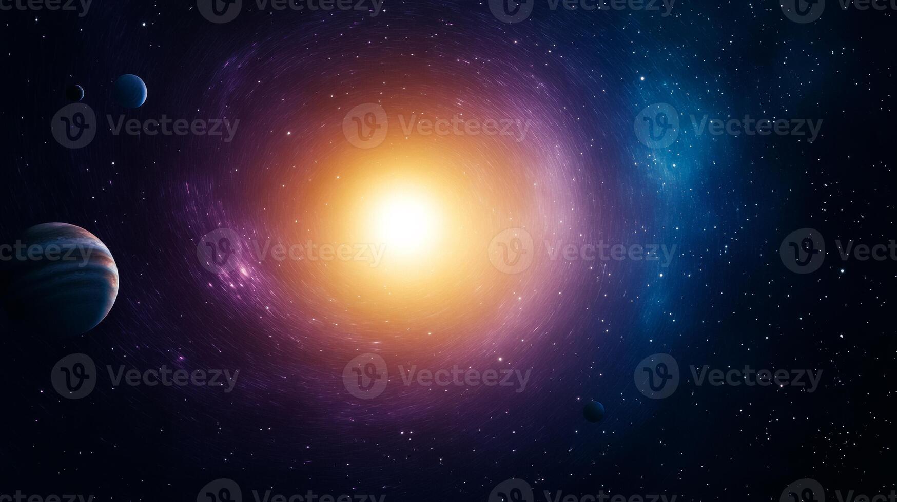 Cosmic vortex of stars and planets on a gradient from deep purple to sunrise orange photo