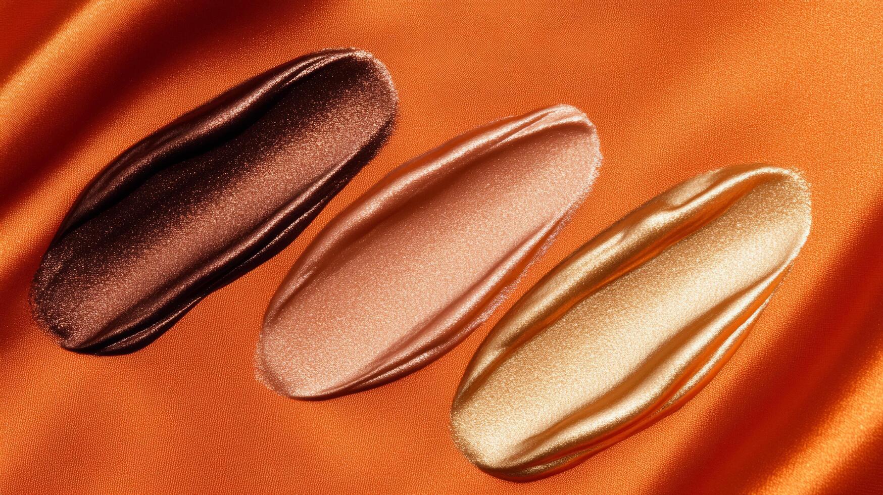 Creamy chestnut and gold highlighter swatches with a soft shimmer reflecting light on a burnt orange fabric photo