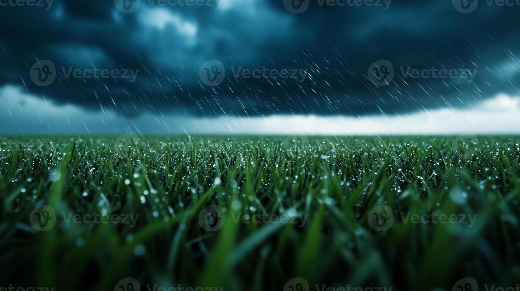 Dramatic hailstorm over an open plain giant ice pellets crashing into tall grass under a dark stormy sky photo