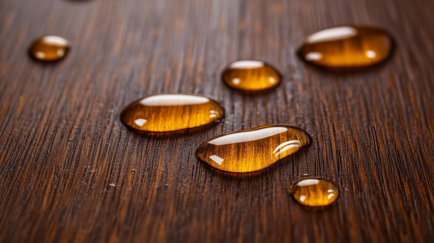 Droplets of bronze serum oil on a dark brown wooden surface capturing the essence of autumn warmth photo