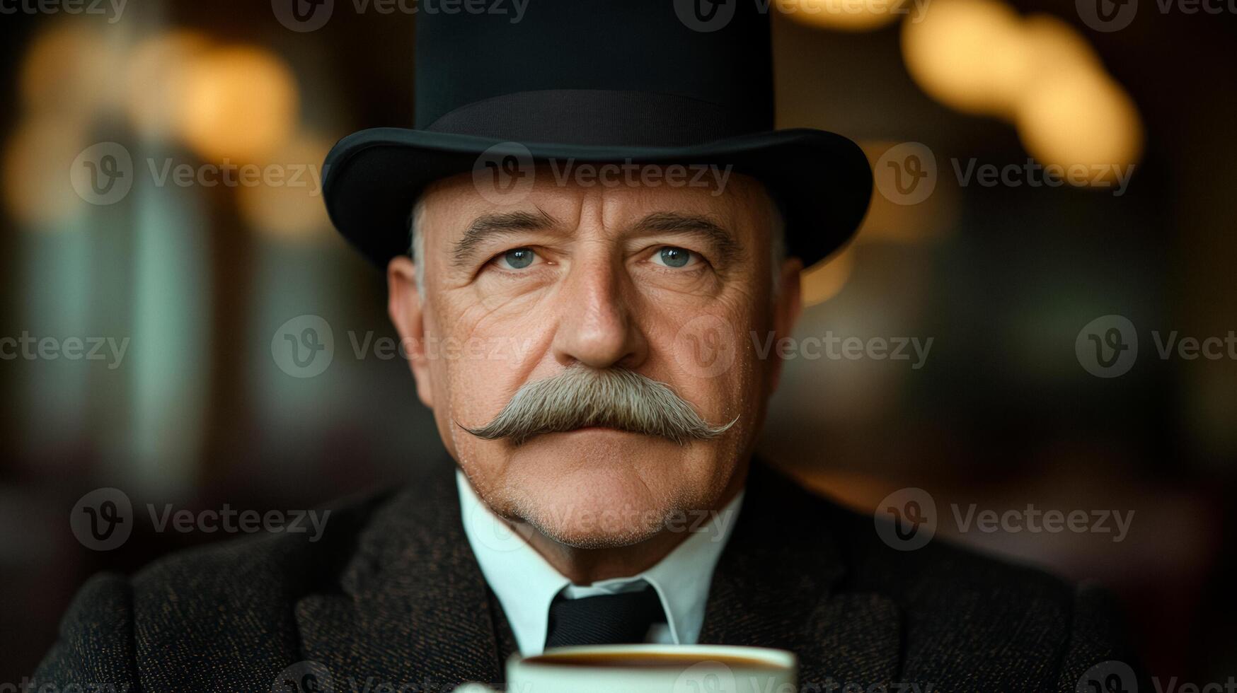 Elderly man with a bushy mustache and a bowler hat enjoying a cup of tea in a quaint vintage cafe photo